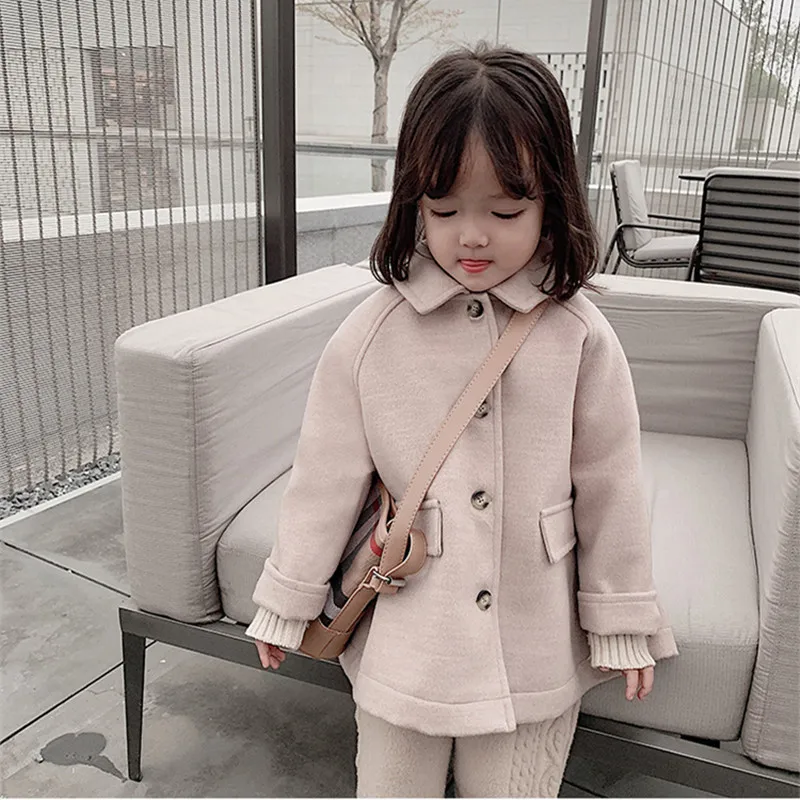 

Woolen Girls Kids Coat Jacket 2021 Khaki Warm Thicken Winter Autumn Cotton Cardigan Buttons Outerwear Children's Clothing