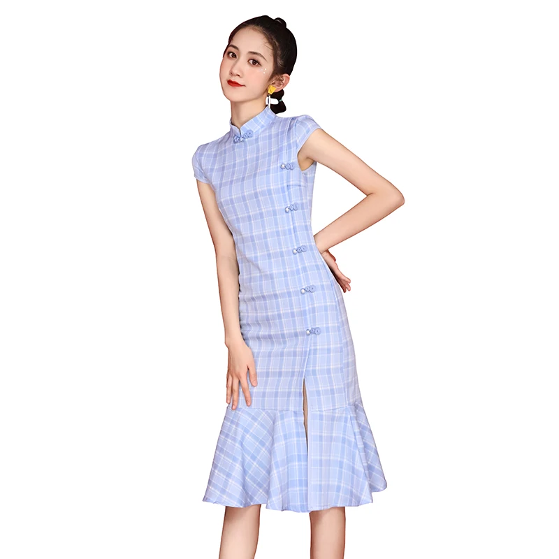 

New Hanfu For Women Adult Short Sleeve Summer Dress Improved Plaid Printed Blue/Yellow Cheongsam Retro Hanfu For Women DQL3617
