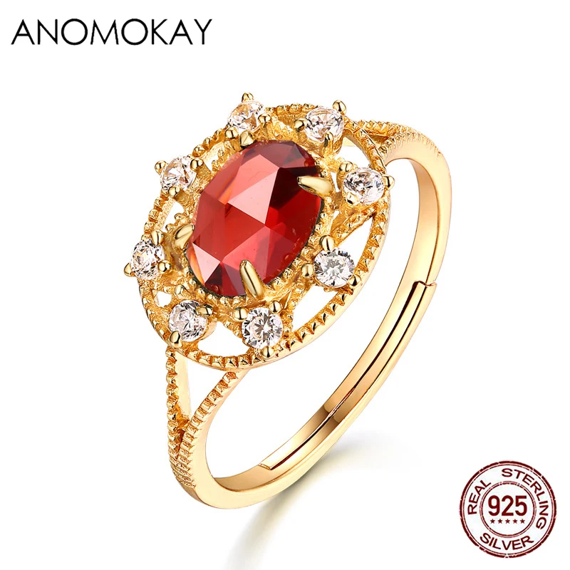 

Anomokay New Water Drop Red Garnet Gold Color Rings for Women Mom Light Luxury 925 Sterling Silver Adjustable Size Retro Ring