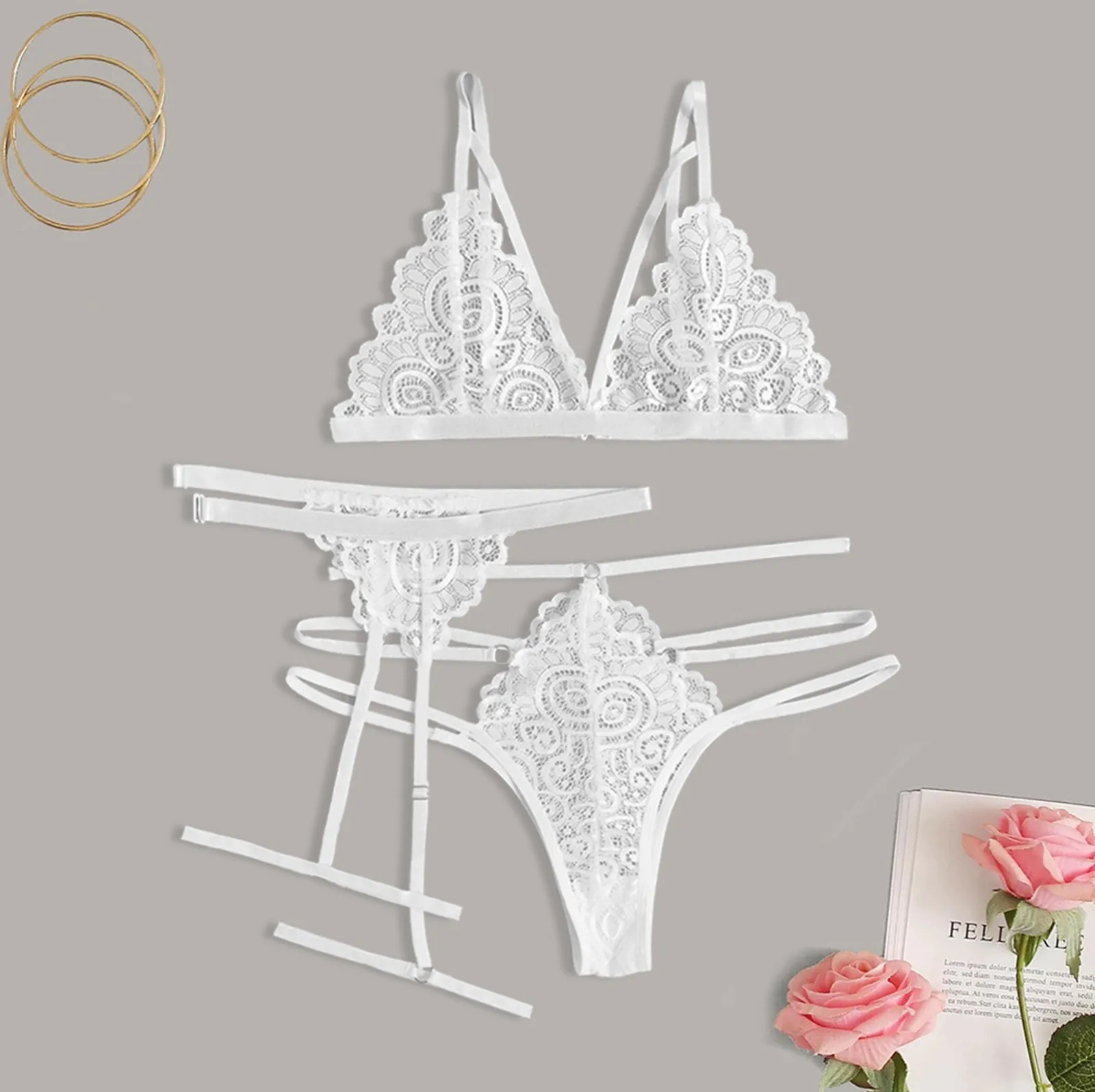 

Ladies Sexy Lingerie Temptation Lace Bra Thong Lingerie Set with Garter Transparent Lace Sexy Underwear Erotic Costumes Lenceria