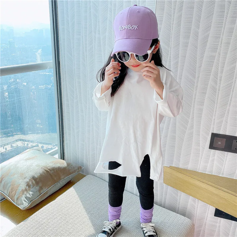 

LarLarBoom Girls Long Sleeve T-shirts 2021 New Arrival Children's Clothing Hole Smile Pattern Fashion Tops 2-12Years Girls Tees