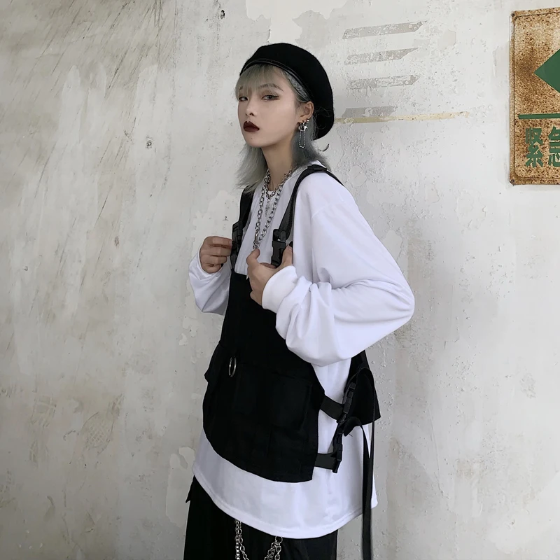 Harajuku стиль жилет Мужская Женская безрукавка уличная Регулируемая мода талии пальто карманы, набедренный хоп тактические куртки черный