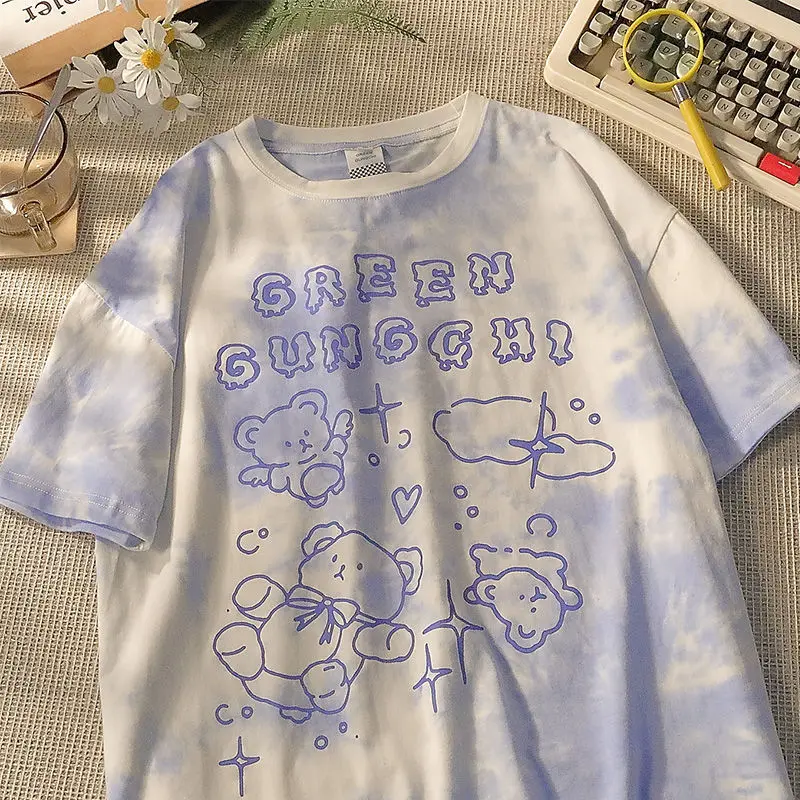 Harajuku милые футболка с медведем уличная летняя негабаритных для женщин коротким