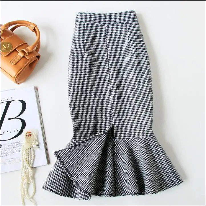 

plus size 4XL!Irregular fishtail skirt high waist women winter package hip Plover grid Slit one-step skirt lady skirt TB3753