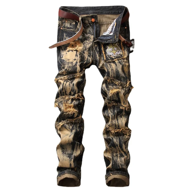 

Прямые повседневные джинсы с завязкой, Стрейчевые облегающие модные брюки, Мужская Уличная одежда, мужские дизайнерские джинсы для мужчин, ...