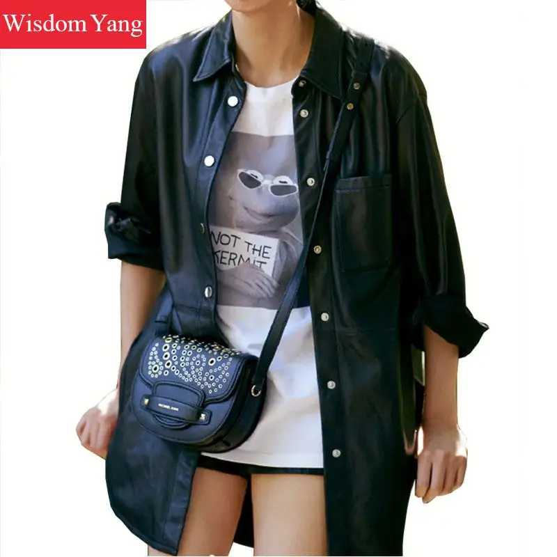 Куртка женская из натуральной овчины черная свободная длинная для офиса |