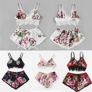Комплект из 2 предметов, женский сексуальный Экзотический цветочный комплект нижнего белья, женское ночное белье, нижнее белье, Пижама + стринги, ночная сорочка, домашняя одежда