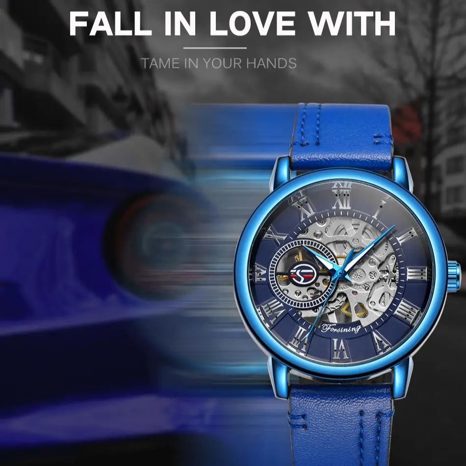 

Forsining Watch Men's Fashion Blue Skeleton Manual Mechanical Clock Casual Classic Sports Male Wristwatches Relogio Masculi