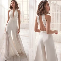 sexy pantsuit wedding dress 2021 halter appliques high split backless sleeveless satin custom made for women vestidos de noiva