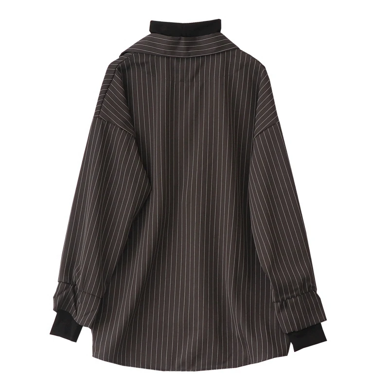 

2021 Autumn Winter Long Sleeve Casual Loose Female Blouse Tops Two Piece Striped Shirt Women Patchwork Knitted Turtleneck