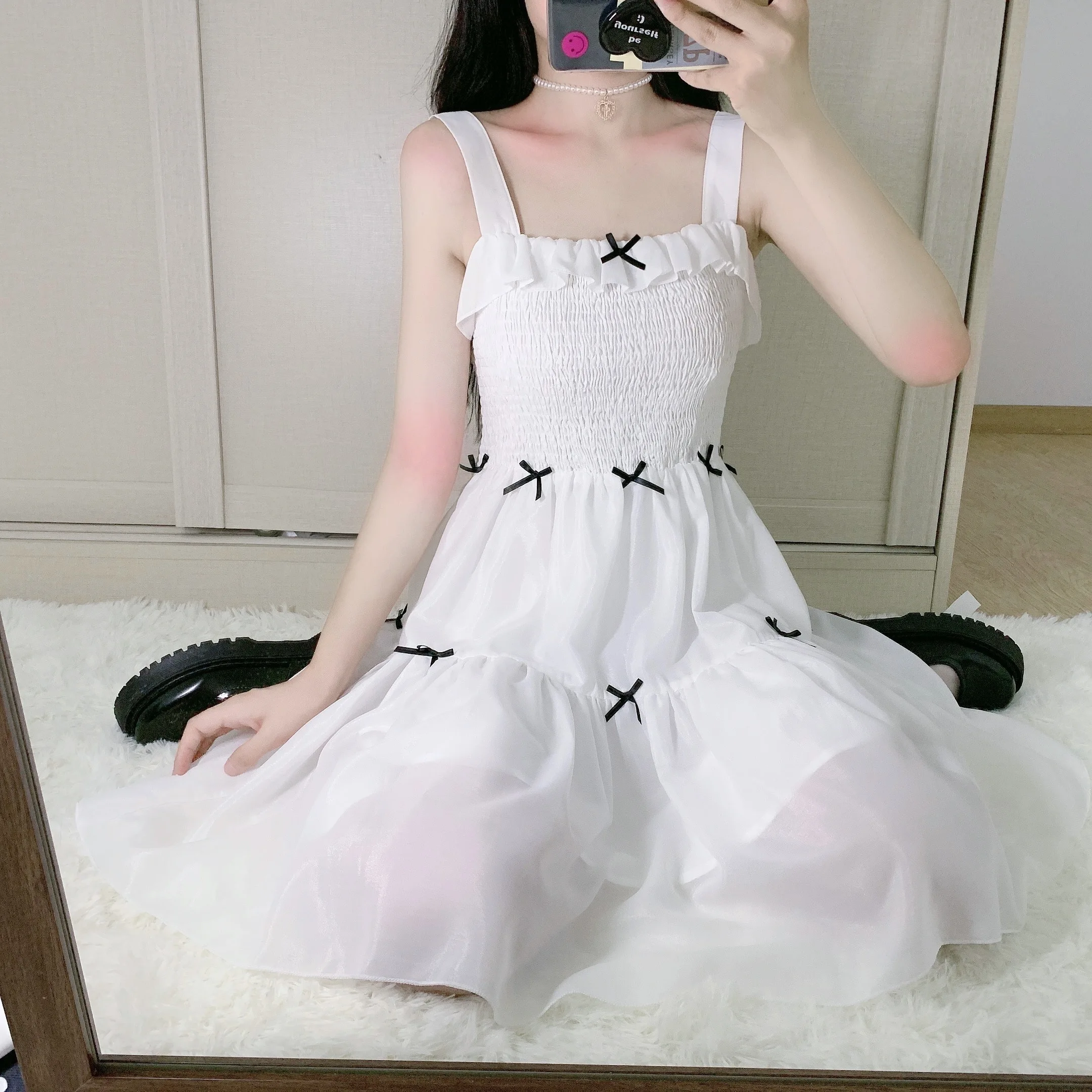 Женское платье в японском стиле милое летнее шифоновое с бантом юбка надписью First