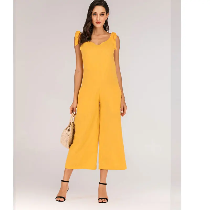 Женский хлопковый комбинезон с v образным вырезом Свободный Длинный широкими