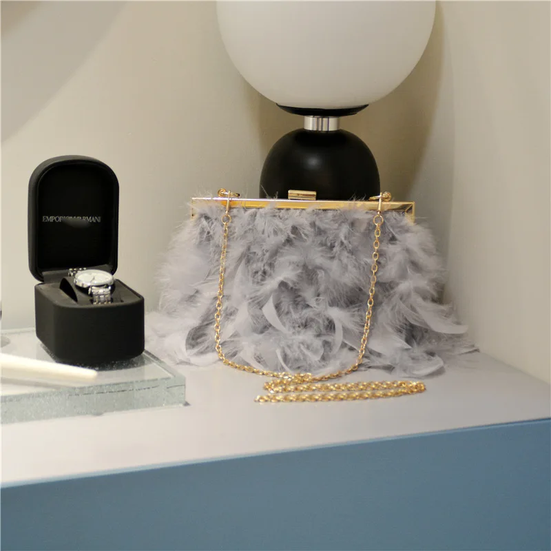 Evening Purse With Pearl Strap Chain Clutch Bags Feather Crossbody Bag For Women Girl Ladies
