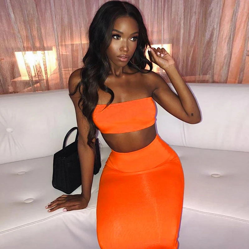 Модные неоновые юбки средней длины женские трубы комплект из 2 предметов летние