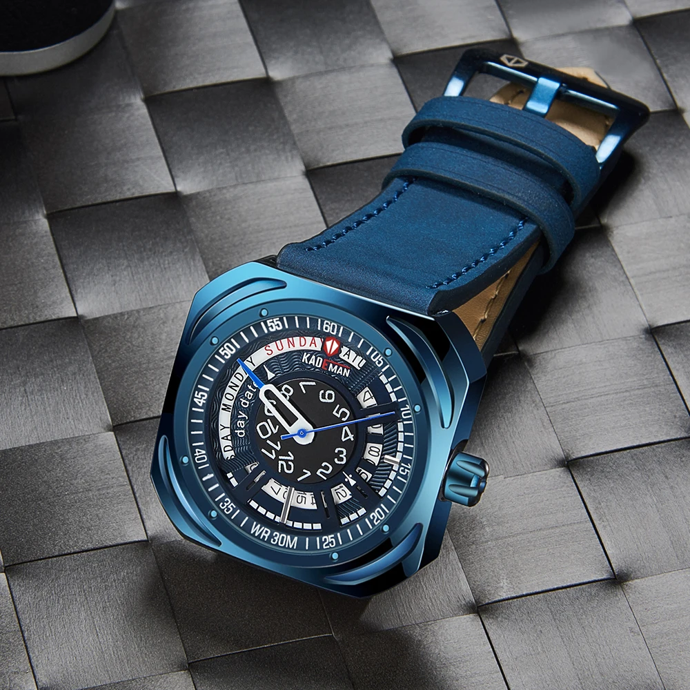 Мужские часы KADEMAN спортивные кварцевые водонепроницаемые с календарем кожа