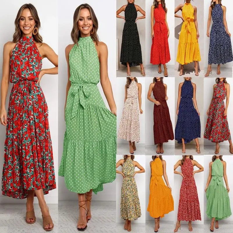 

Boho Dress Beach Long A-line Dress Tunic Maxi Dress Print Off Shoulder Elegant Summer Womens Polka Dot Sexy Spring Sleeveless
