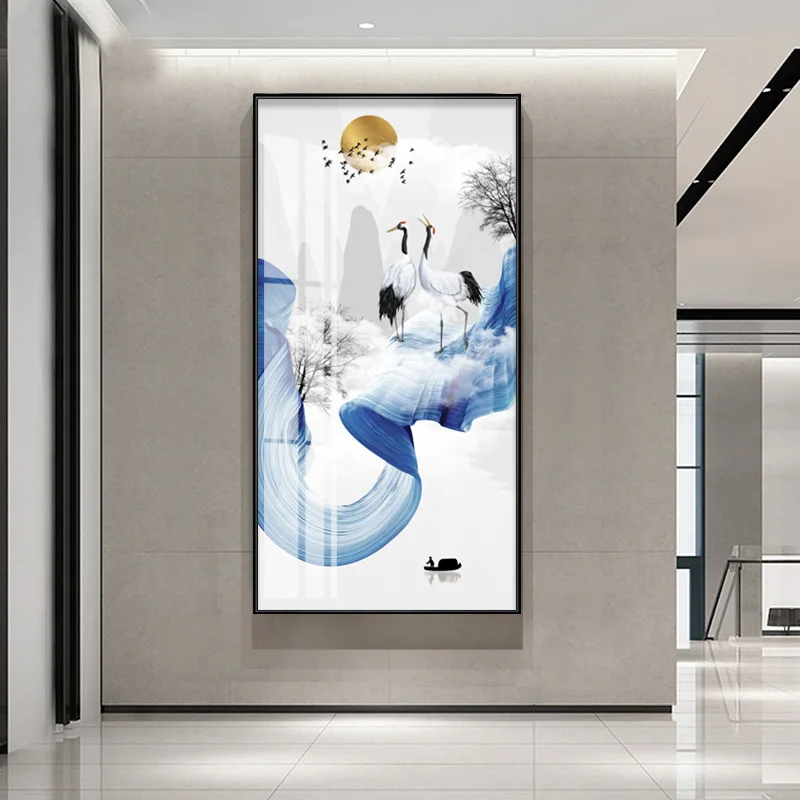 Абстрактная Картина на холсте с изображением журавлей и облаков в китайском