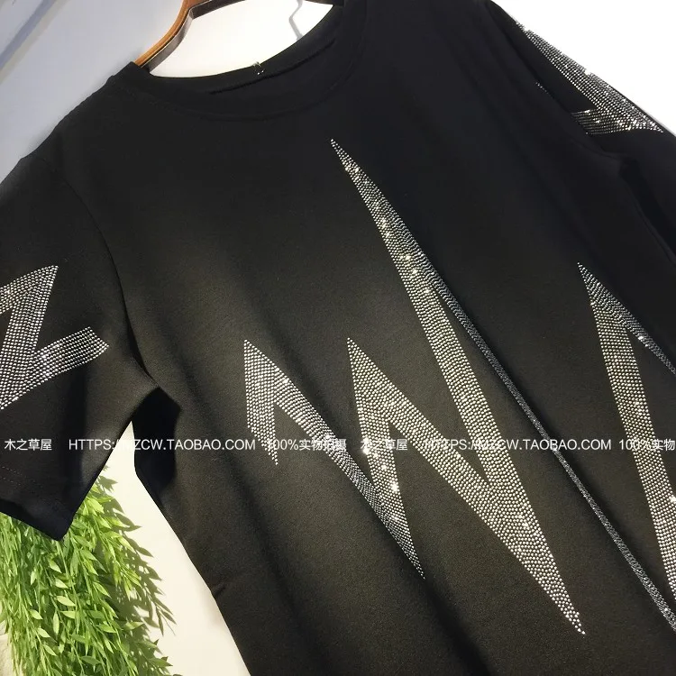

QING MO Black Women Lightning Rhinestone Dress 2021 Women Summer Short Sleeve Dress Female Oversized T Shirt Dress ZQY6558
