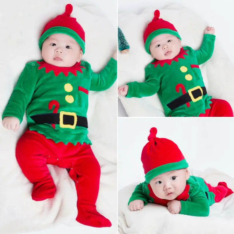 Рождественская Одежда для новорожденных мальчиков и девочек Комбинезон шапка