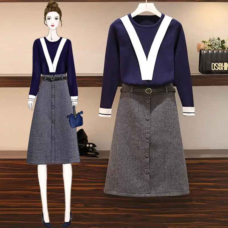 

Autumn Winter Casual Knitted Sweaters and Plaid Wool 2 Piece Set Single-breasted Print Pullovers Skirt Suits Plus Size 4XL Y269