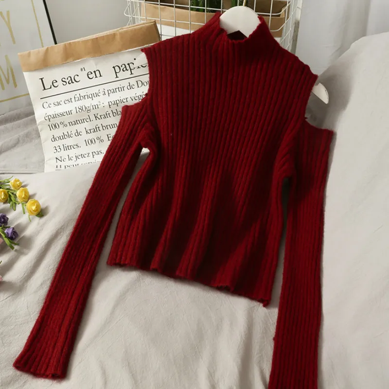 

Kimutomo Women Half Turtleneck Sweater Spring Autumn Korea Fashion Female Off Shoulder Slim Waist Solid Pullovers Knitwear