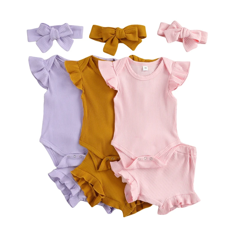 

Летняя одежда для новорожденных, 3 шт., комбинезон в рубчик с круглым вырезом и рукавами-фонариками, шорты с оборками, повязка на голову с бан...