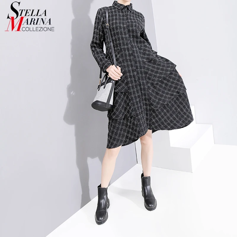 Новинка 2019 английский стиль Женское зимнее черное платье рубашка в клетку с
