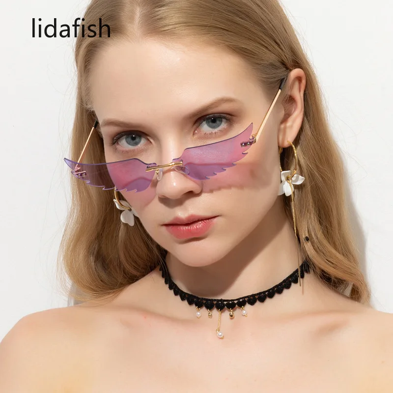

Новые Модные Цветные солнцезащитные очки lidafish кошачий глаз для женщин, модные солнцезащитные очки без оправы в форме крыльев, персонализир...