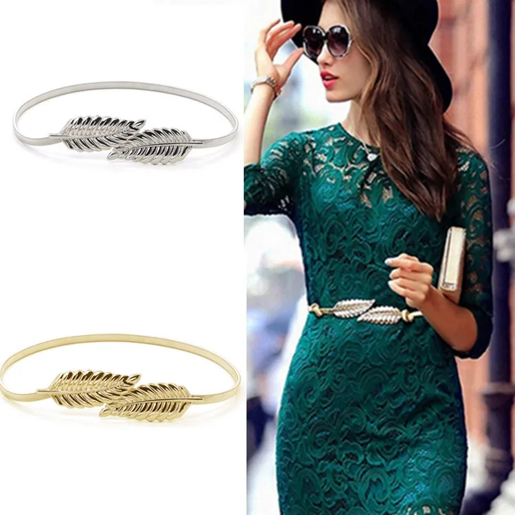 Узкий эластичный женский ремень в стиле ретро с застежкой виде листьев|Женские