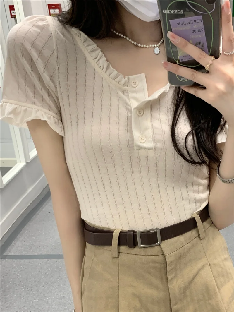 Кружевная футболка с коротким рукавом в иностранном стиле | Женская одежда