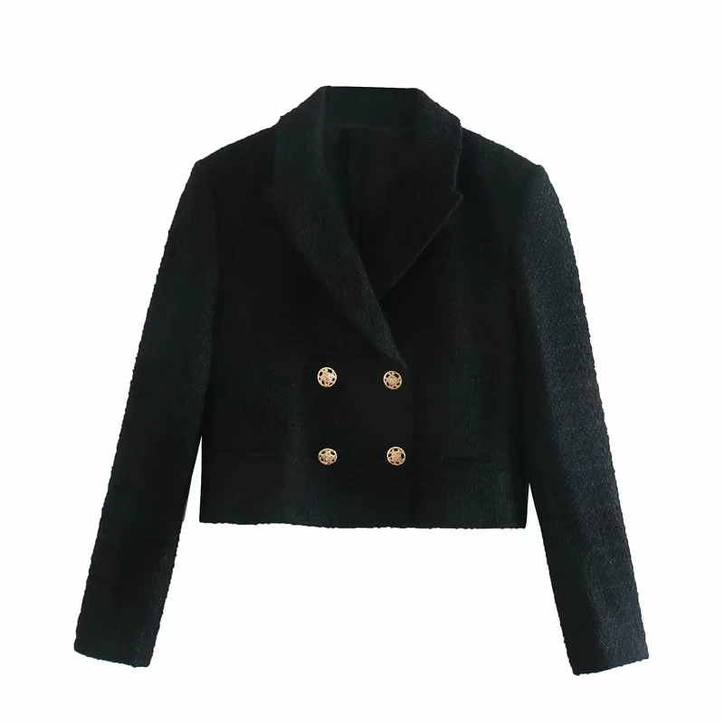 

Vogue Vintage Woman Black Tweed Short Blazer Coat Pop Fashion Ladie Autumn Double Breasted Jacket Female Solid color Tops