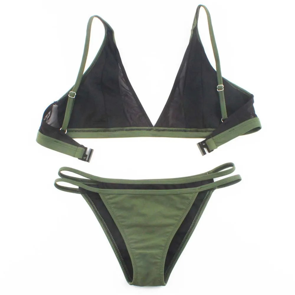 

Paotang2021 Summer New Style Brazilian See-through Mesh Swimwear Fashion Ladies Army Green Mesh Bikini Beachwear Two-Piece Suits