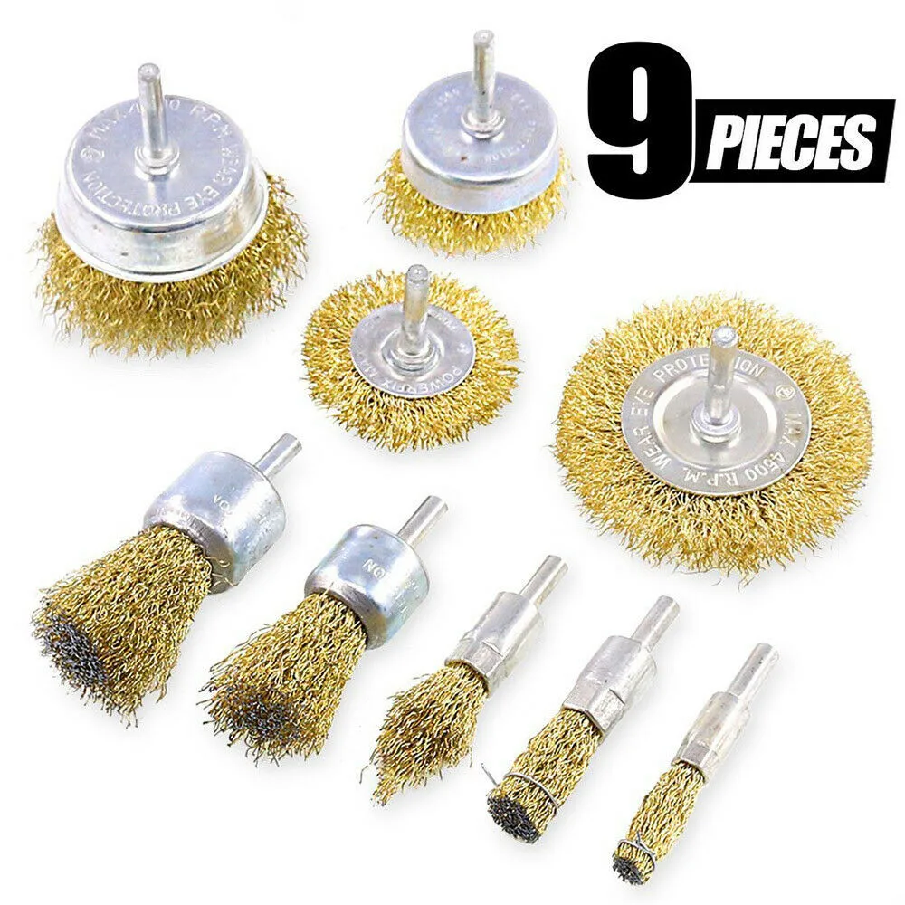 

9X Drill Wire Wheel Brush Cup & Flat Crimped Steel Drill Attachment Brushes Removing Rust And Corrosion