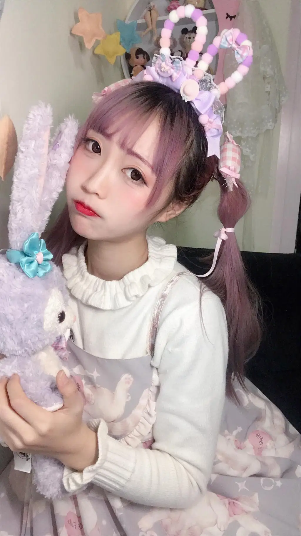 

Pink purple Lolita headband hand made rabbit ear bow kcAP purple headdress