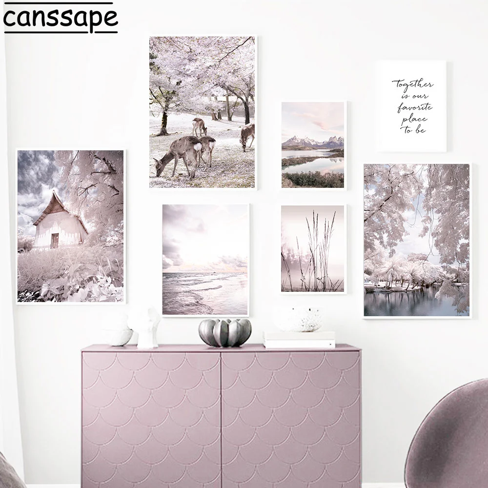 

Картина на холсте с изображением гор и озера, настенный плакат с изображением Сакуры и оленя, скандинавские плакаты и принты, настенные карт...