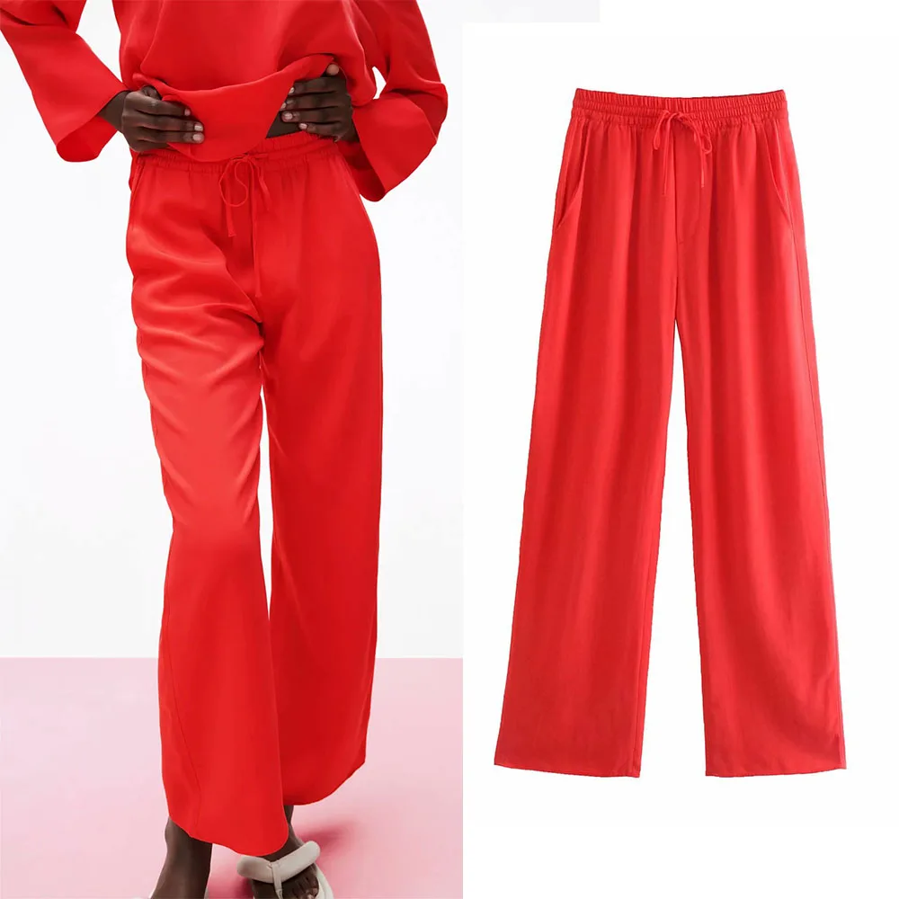 

Женские красные шикарные модные широкие брюки с боковыми карманами 2021, винтажные женские брюки на завязках с высокой эластичной талией