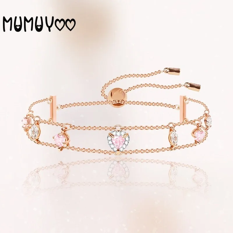 

SWA Fashion Jewelry High Quality New Rose Gold Ocean Love Love Pink Sweet Double Row Crystal Bracelet Charm Love Bracelet Women.