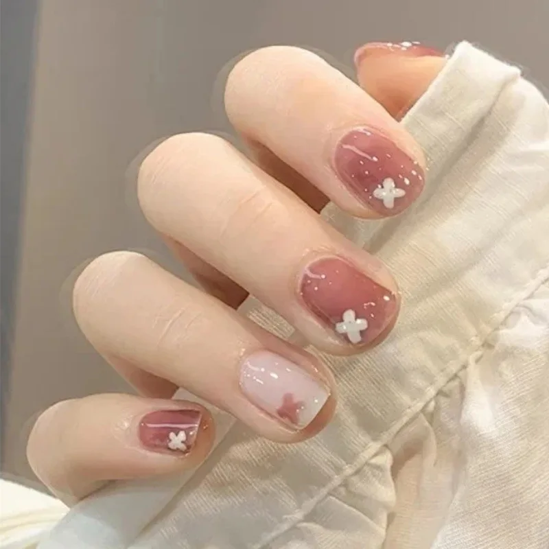

24pcs Fake Nails With Design Floral Printed Type Short Paragraph Fashion Manicure Patch False Nails With Glue Press On Save Time