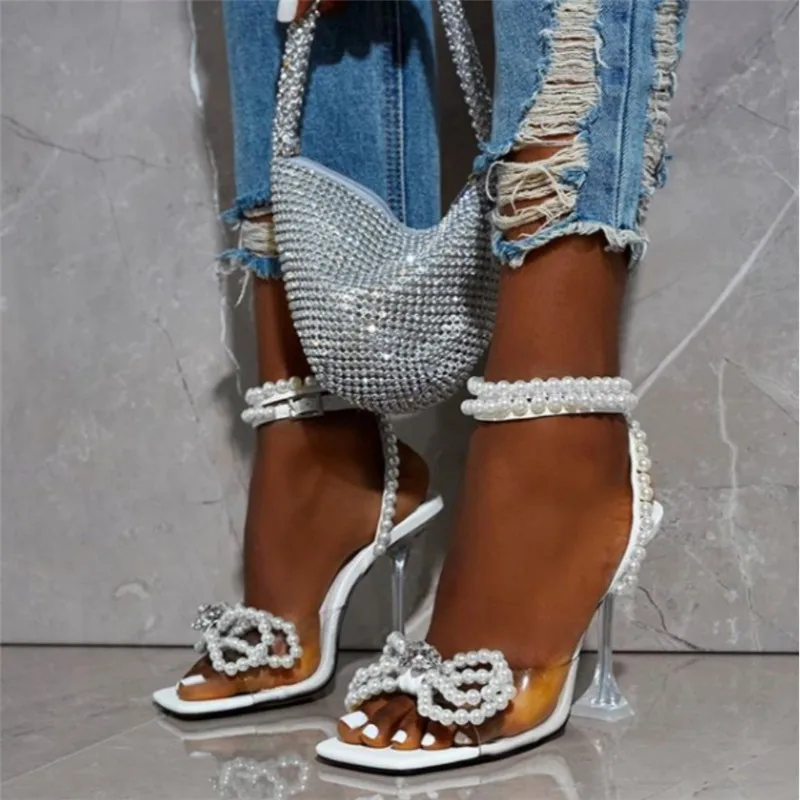 

2021 Women Gladiator Sandals shoes Sexy White String Bead high heels Sandals Summer Party Dress shoes Buckles pumps size 42