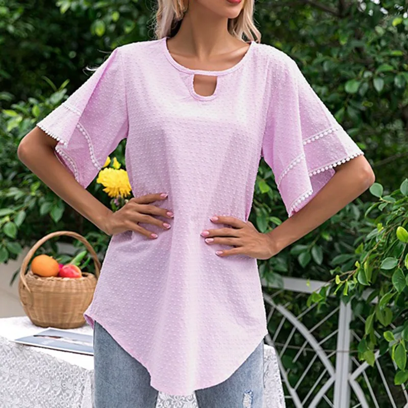 

Women's Short-Sleeved Round Neck Shirt Splicing Top Jacket Speaker Sleeve Solid Color T-Shirt