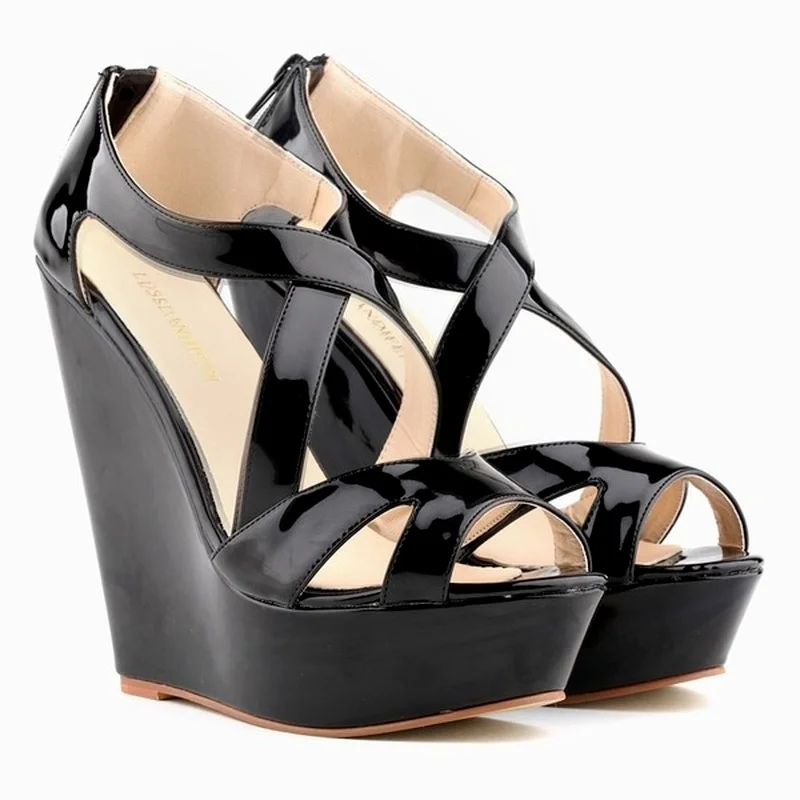 

LOSLANDIFEN Women Pumps Patent Platform Peep Toe Wedges High Heel Shoes Wedding SIZE US 5-10