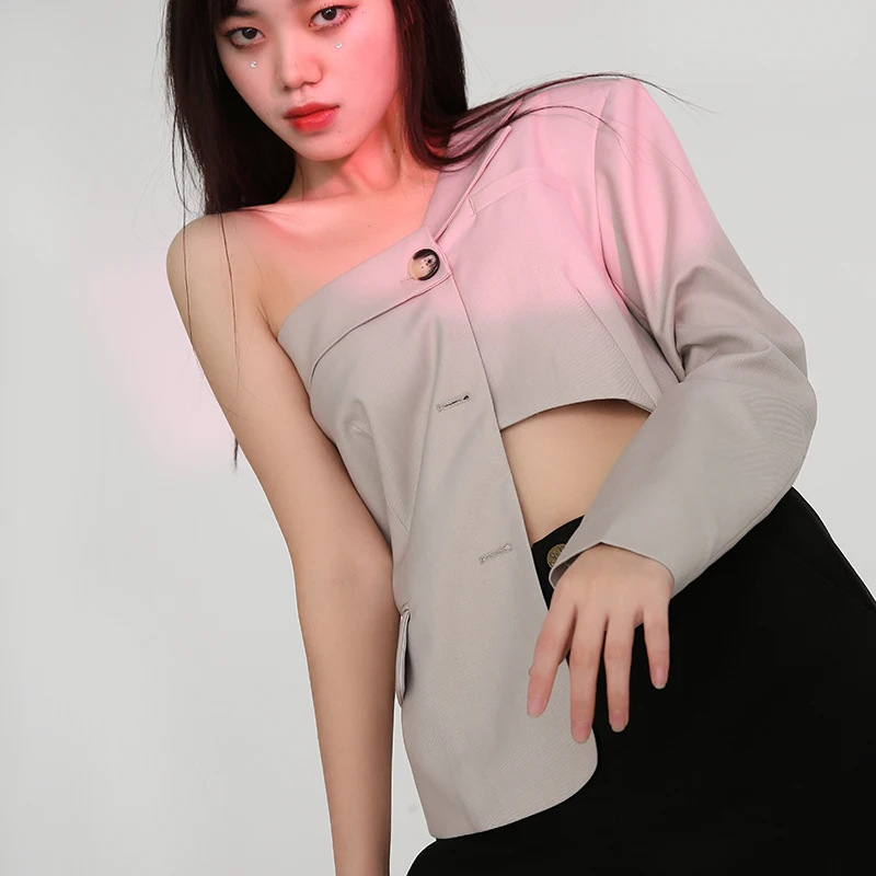 

[EAM] Loose Fit Apricot Irregular Temperament Jacket New Lapel Long Sleeve Women Coat Fashion Tide Spring Autumn 2021 JS70704
