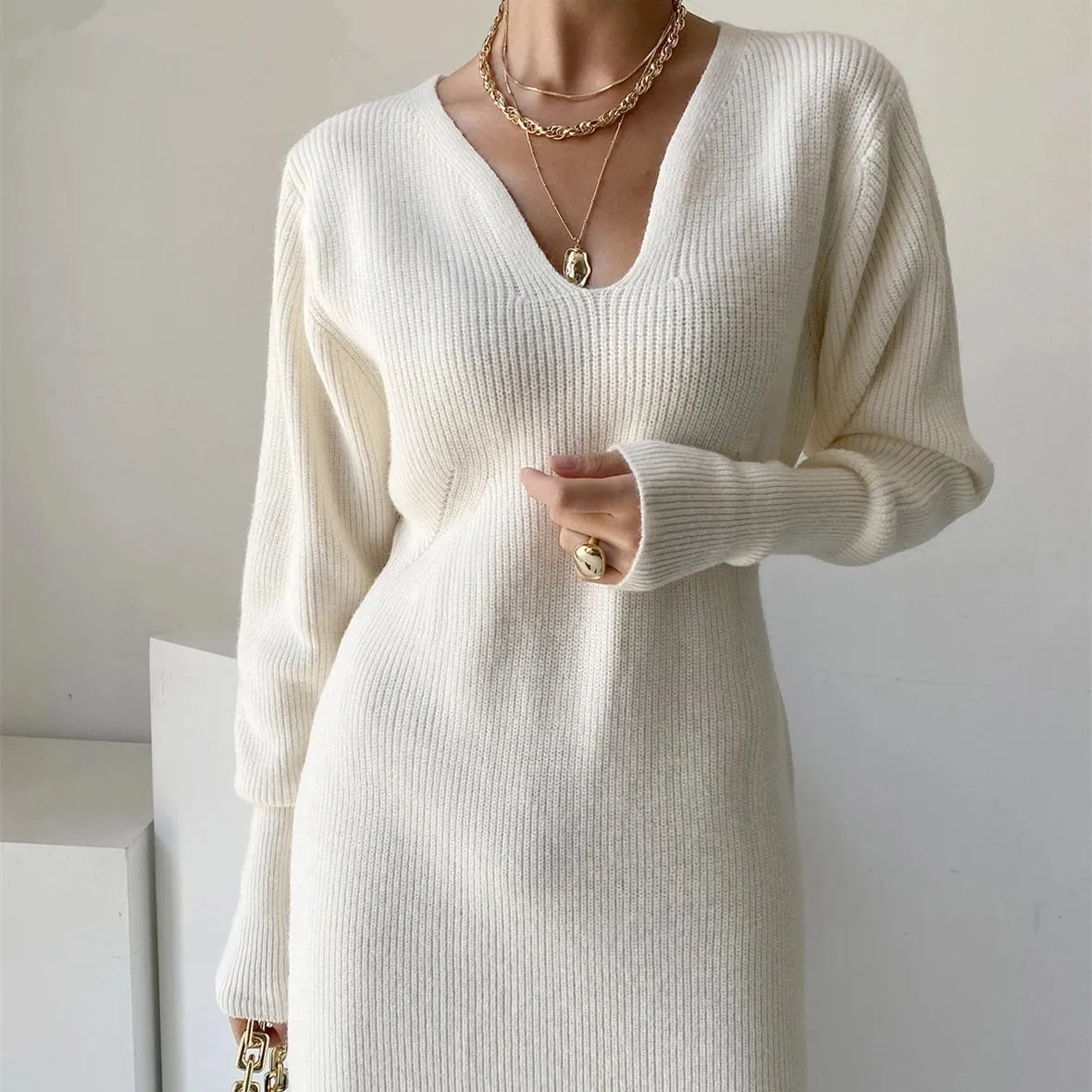 

New Fall V-neck White Wool Dress Women Chic Long-sleeve High Waist Knitted Dresses Female Korean Business Elegant Vestido winter