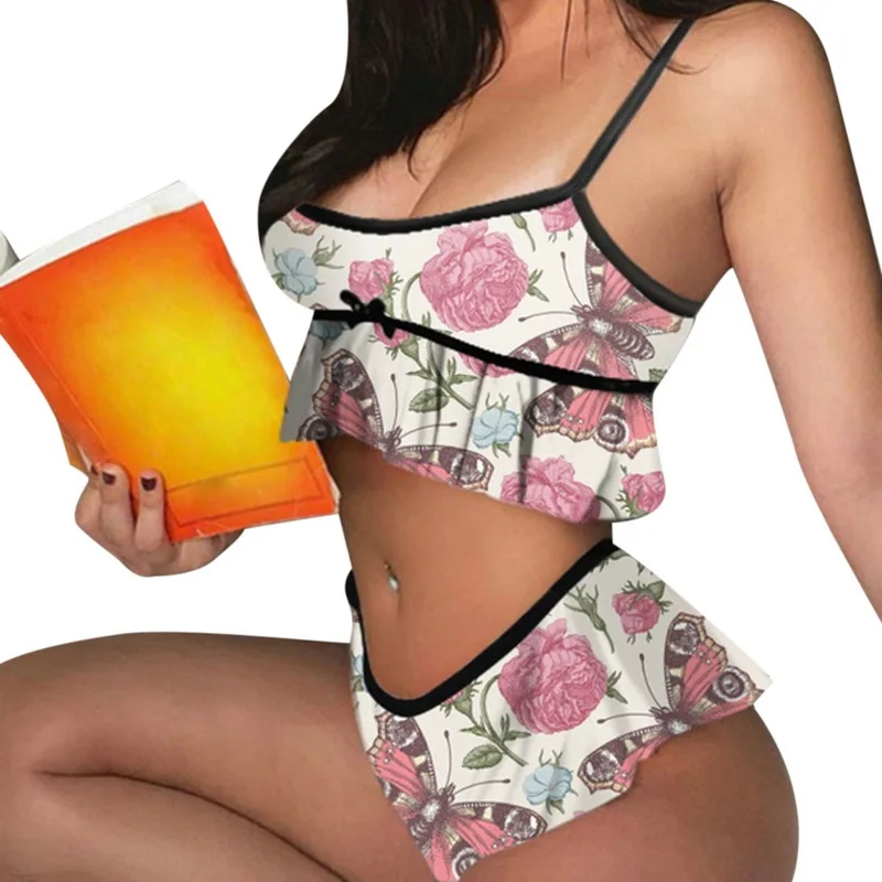 

Butterfly Print Pajama Set Sleeveless Trim Flounced Pyjamas Sleep Shorts Set Pijama Suit Sleepwear Women Sexy Nighties