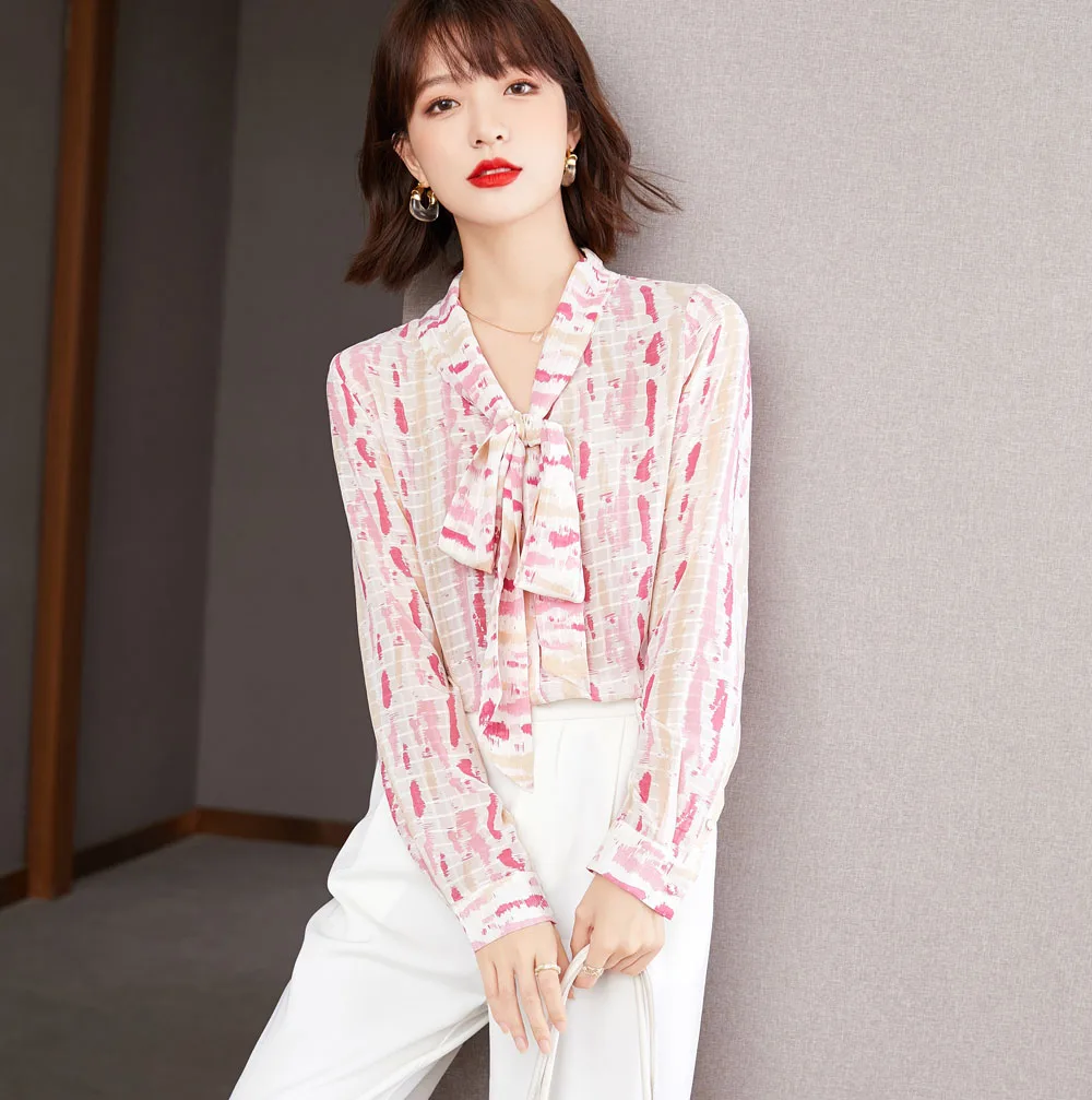 Дизайнерская розовая Женская блузка и рубашка Pinkoz с бантом на воротнике офисные