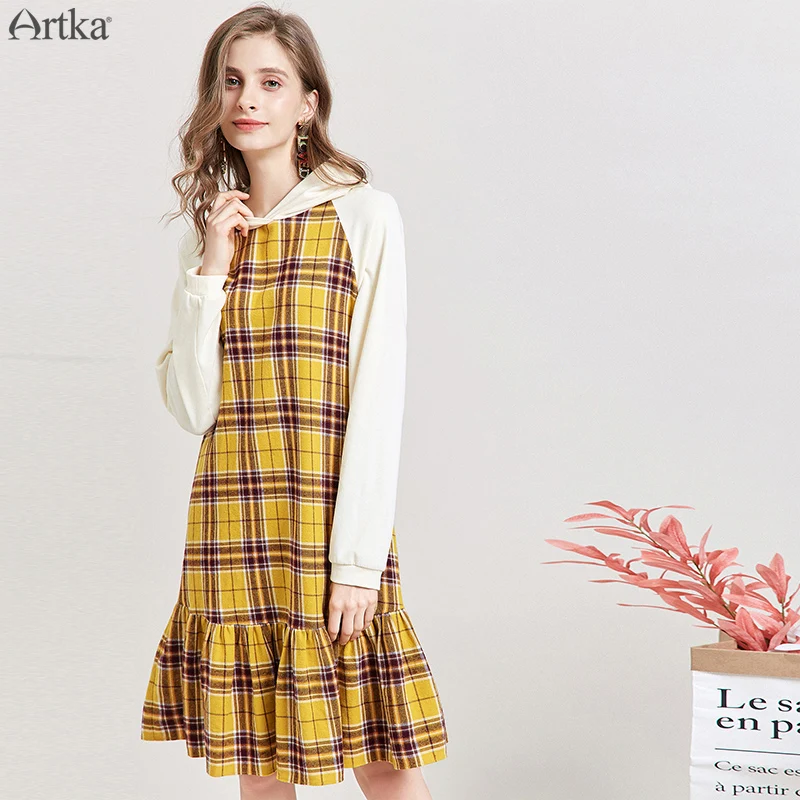 Женское платье в клетку ARTKA Повседневное с капюшоном из 2019 хлопка длинным рукавом