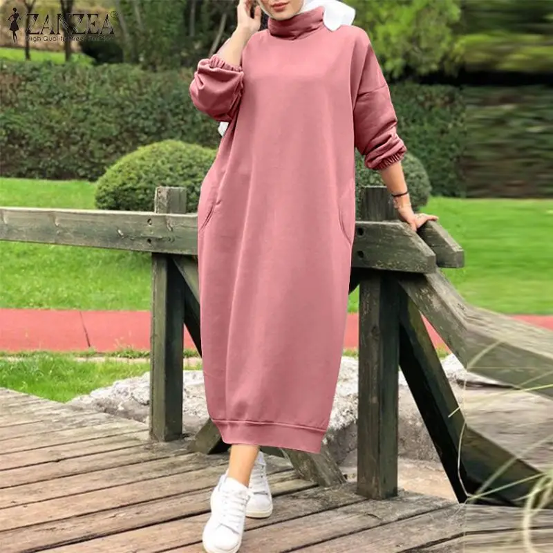 

Autumn Turtleneck Hoodie Dress Casual Abaya Hijab Vestido ZANZEA Women Fashion Vintage Long Pullover Sweatshirt Dress Oversized