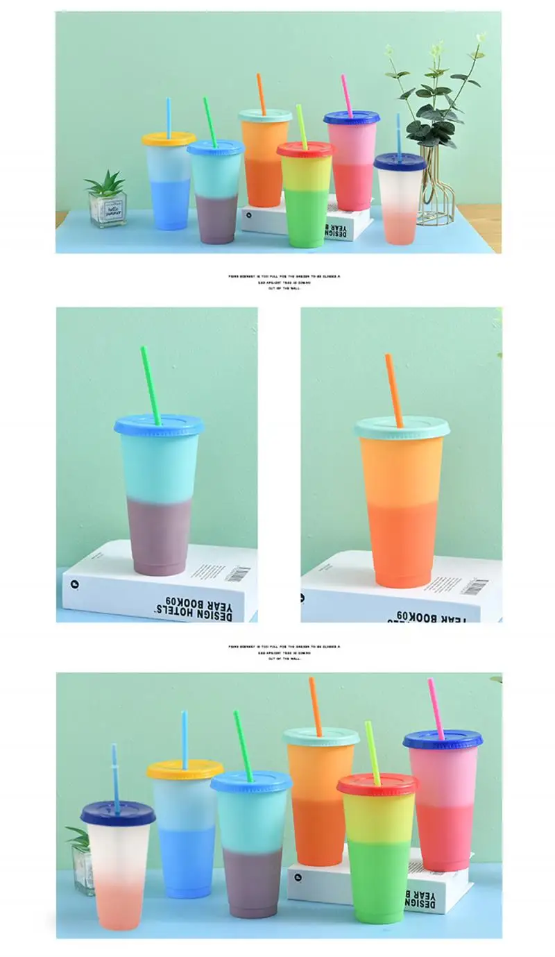 

1Pcs 700ml PP Plastic Color Changing Cup Creative Reusable Cold Water Color Drinkware Tumbler Discoloration Cups With Lid Straws