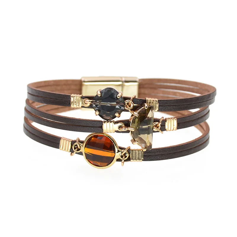

Magnetic Clasp charm Leather Bracelets For Women & Men Multiple Layers glass wrap Bracelets Couple gifts fashion Jewelry