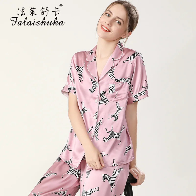Lady  Short Sleeve  Sleepwear  2021 Summer Women 100% Silk Pajamas SetsSilk Homewears   Home Wears Two Piece Pajamas  Set